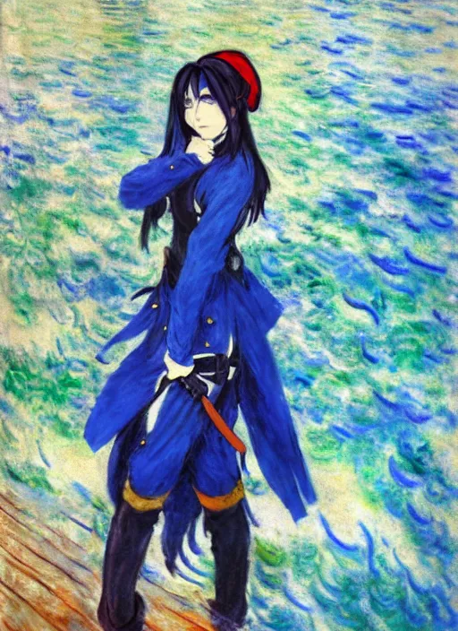 Image similar to a portrait of a female pirate, blue uniform, very anime in impressionist style, anime trending artwork, anime painter studio, by claude monet