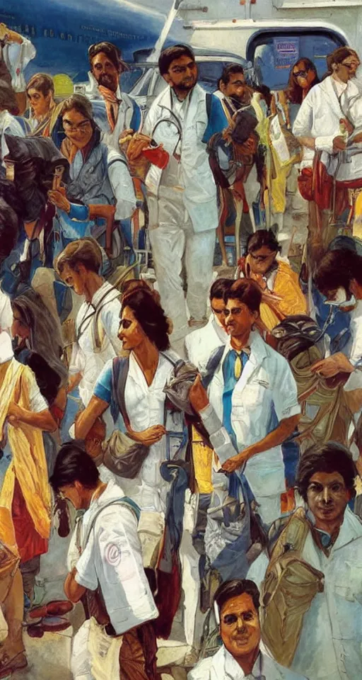 Image similar to close up of young Indian doctors in scrubs disembarking at Heathrow, sun shining, photo realistic illustration by greg rutkowski, thomas kindkade, alphonse mucha, loish, norman rockwell.