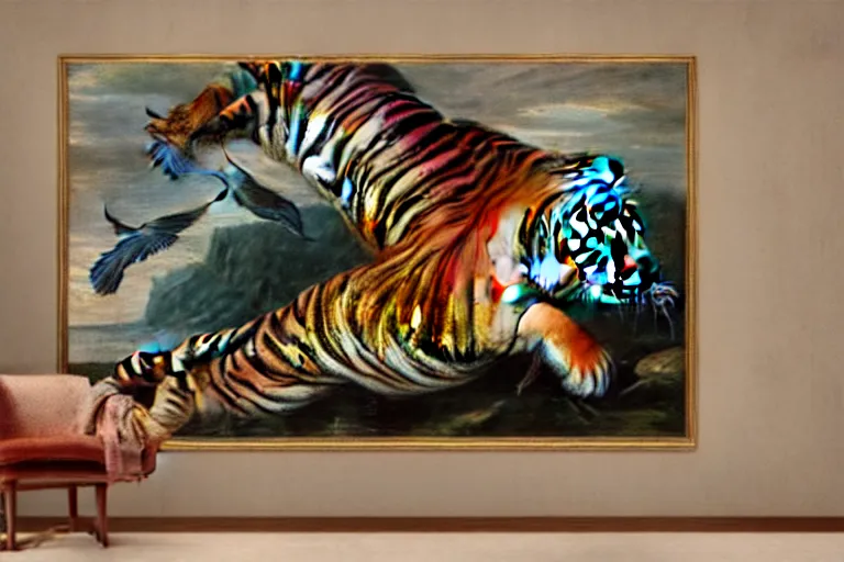 Prompt: still life of a fish dancing around a big ballpoint pen, a tiger is watching ,baroque painting, beautiful detailed intricate insanely detailed octane render, 8K artistic photography, photorealistic, chiaroscuro, Raphael, Caravaggio