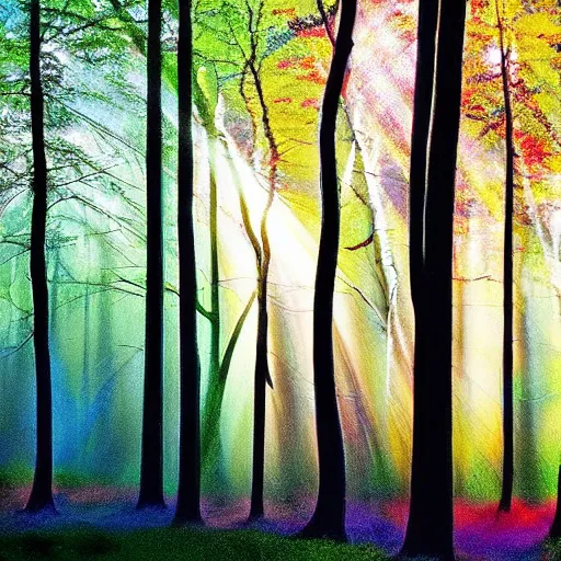 Image similar to a dark forest with shafts of colorful light