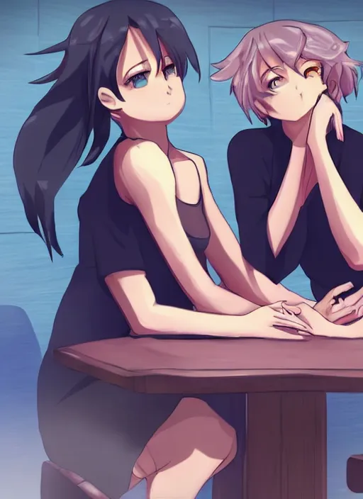 Prompt: two beautiful mothers sitting across from each other, tank tops, gorgeous faces, thick lines, cinematic lighting, detailed anime art