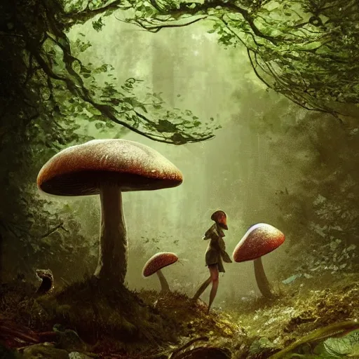 Image similar to tiny mushroom people with mushrooms for heads walking by a stream in a lush forest, dramatic lighting, illustration by Greg rutkowski, yoji shinkawa, 4k, digital art, concept art, trending on artstation