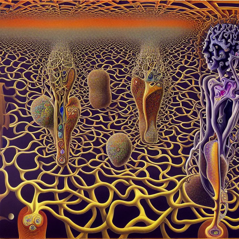 Prompt: infinite fractals of neurons, consciousness, recursion, surreal, by salvador dali and mc escher and alex grey, oil on canvas, hd, dreams, intricate details, warm colors