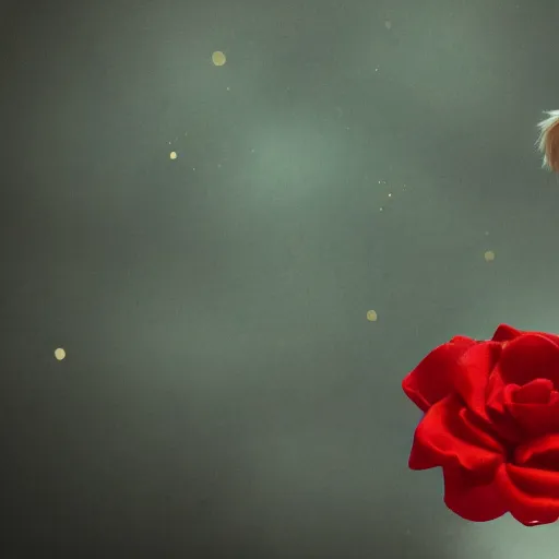 Image similar to cinematic scene of the little prince holding a red rose illustration, bokeh, octane render, award winning, trending on art station