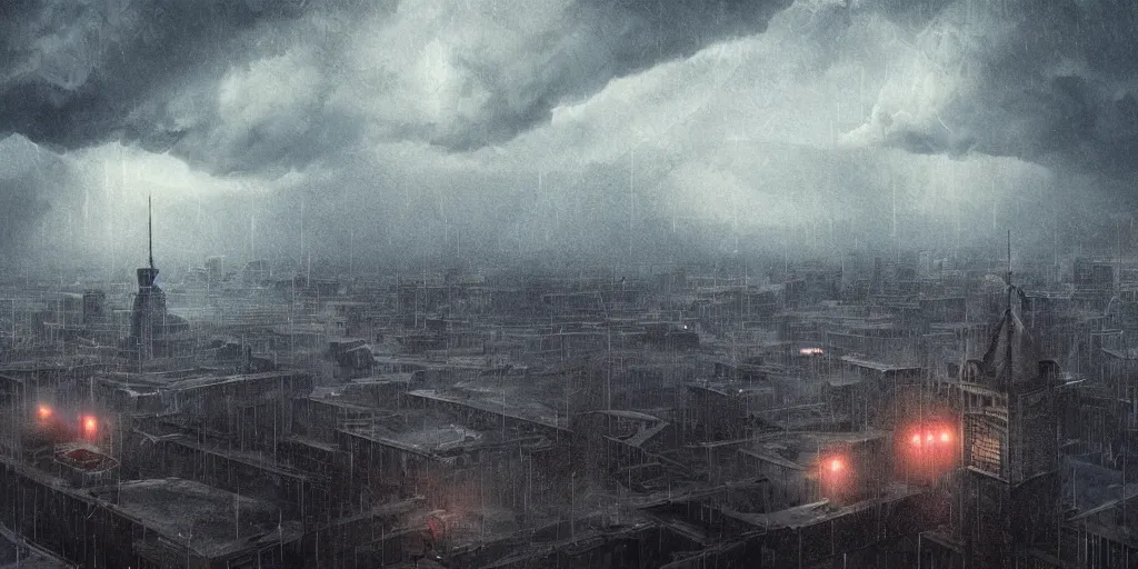 Prompt: centered photograph of severe weather storms above an Beautiful Orwellian City, architecture, detailed textures, hyper realistic, cinematic lighting, urban art style, climate change, digital art painting by greg rutkowski, cinematic, concept art, 35mm grain filter