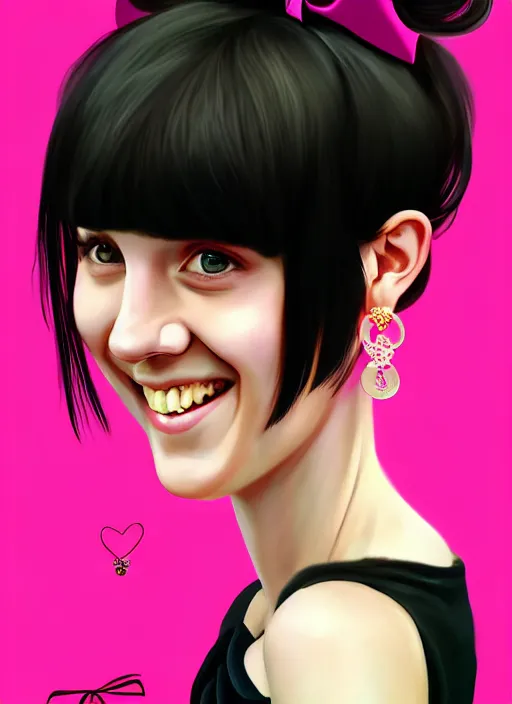 Image similar to portrait of high school girl, realistic, black hair, bangs, half updo hairstyle, pointy nose, skinny, smile, ugly, defined jawline, big chin, pink hair bow, earrings, intricate, elegant, glowing lights, highly detailed, digital painting, artstation, sharp focus, illustration, art by wlop, mars ravelo and greg rutkowski