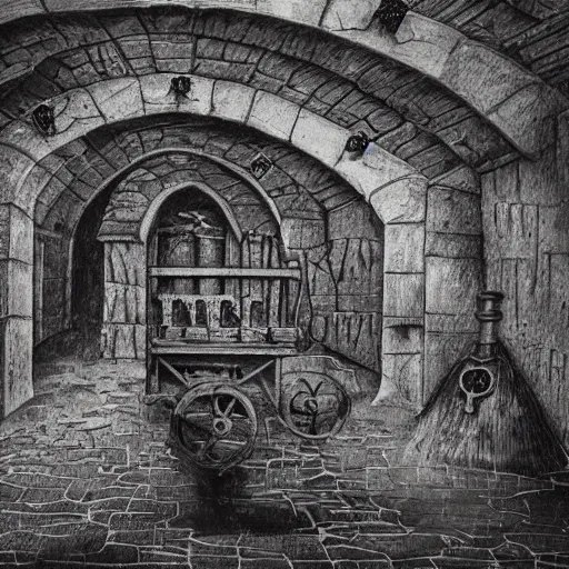 Image similar to A large dark Medieval dungeon, torture machines, stone walls and arches, wet floor, High definition, detailed,