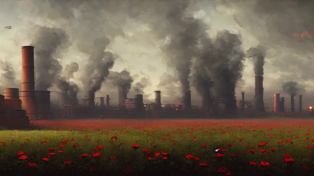 Image similar to super wide, big scene, a beautiful painting of a factory with smoking chimneys, red rose fields, dark style, little roses, very detailed, soft light effect, by thomas wrede and greg rutkowski and thomas heatherwick, 4 k hd, trending on artstation ， ultrawide viewn and highly detailed