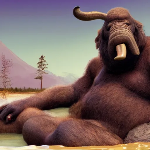 Image similar to big sir is a bigfoot / elephant hybrid monster lounging in an idyllic hot spring