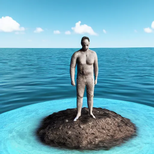 Image similar to 3d render of the most powerful person on earth with water super powers, Standing on a small round island, floating in the ocean, high detail,