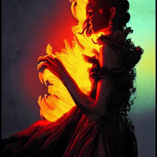 Image similar to a gargoyle in silhouette wearing a flowing gown made of fire, engulfed in a whirling fire tornado firestorm, emitting smoke and sparks, fantasy, cinematic, fine details by realistic shaded lighting poster by ilya kuvshinov katsuhiro otomo, magali villeneuve, artgerm, jeremy lipkin and michael garmash and rob rey