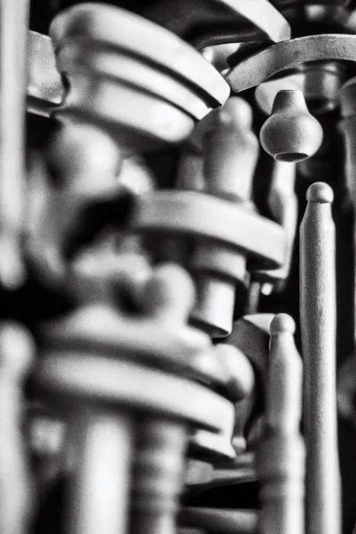 Image similar to a close-up portrait of Marcel Duchamp's industrial chess-piece-building machine in the style of Hito Steyerl and Shinya Tsukamoto and Irving Penn and Robert Frank, minimal contraption