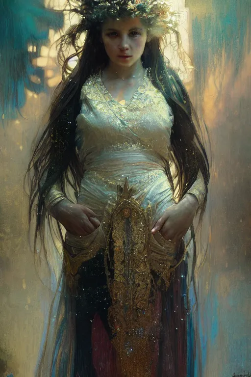 Image similar to hyperrealist portrait of a girl emperorit is decorated with long robes that fall like stars. by jeremy mann and alphonse mucha, fantasy art, photo realistic, dynamic lighting, artstation, poster, volumetric lighting, very detailed faces, 4 k, award winning