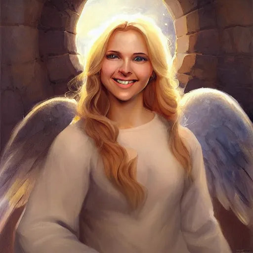 Prompt: a painting of an angel, a young woman with long blond hair and a halo smiling in heaven, andreas rocha