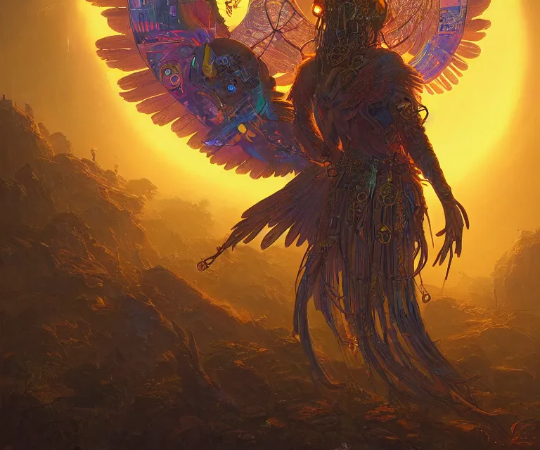 Image similar to a beautiful tarot card artwork of a cyberpunk seraphim in nature, backlit, highly detailed, golden hour, digital painting, by eddie mendoza and greg rutkowski and dan mumford and artgerm, vivid colors, masterpiece, detailed shading, 8 k resolution, intricate, smooth