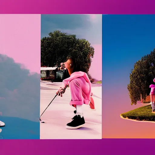 Image similar to a photoshoot for a yeezy x golf le fleur collaborative fashion line, 8 k concept art, detailed, pink skies, vintage, dreamy, earthy