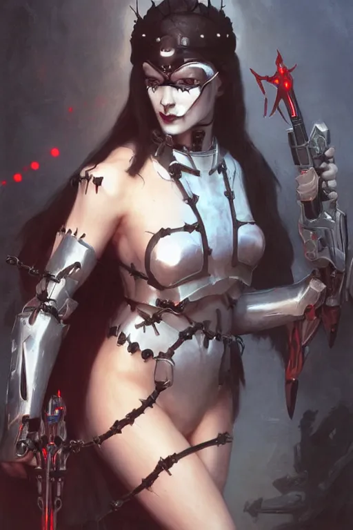 Image similar to Portrait of beautiful pale smiling cyborg goth maiden in bikini armor with crown of thorns and glowing red eyes, cyberpunc, Warhammer 40000, digital art from artstation by Ruan Jia and Mandy Jurgens and Artgerm and william-adolphe bouguereau