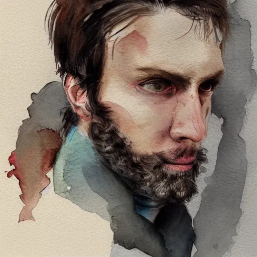 Prompt: Portrait of a handsome man with mutton chops, pale face, run down, sleepy, baggy eyes, watercolor, brushstrokes, high detail, artstation