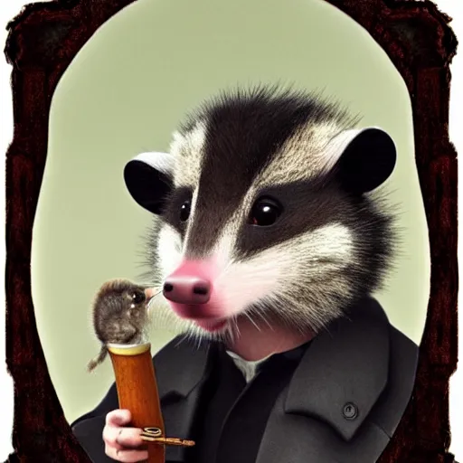 Prompt: an anthropomorphic opossum, by albert bierstadt, digital art, 3 d, studio lighting, post processing, smoking a big pipe, wearing sunglasses, wearing a fur coat