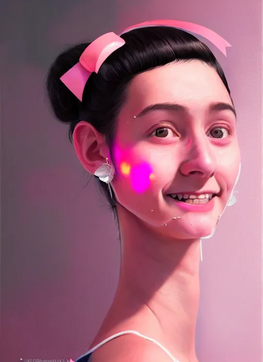 Image similar to portrait of high school girl, realistic, black hair, bangs, half updo hairstyle, pointy nose, skinny, smile, ugly, defined jawline, big chin, pink hair bow, earrings, intricate, elegant, glowing lights, highly detailed, digital painting, artstation, sharp focus, illustration, art by wlop, mars ravelo and greg rutkowski