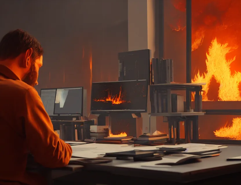 Image similar to a man sit at a workstation in a big office and looks at the burning fires, close up, featured in artstation, intricate, ultra detailed, unreal engine, concept art, wide - angle lens, sharp focus, illustration, 8 k