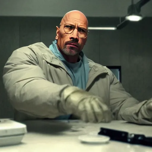 Image similar to Dwayne The Rock Johnson as Walter White in 'Breaking Bad' (2012), movie still frame, oscar nominated cinematography, volumetric lighting, 8k resolution, beautiful composition