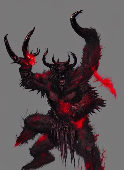 Image similar to A horned bear demon shadow spirit with red fur and sharp claws. In style of Yoji Shinkawa and Hyung-tae Kim, trending on ArtStation, dark fantasy, great composition, concept art, highly detailed.