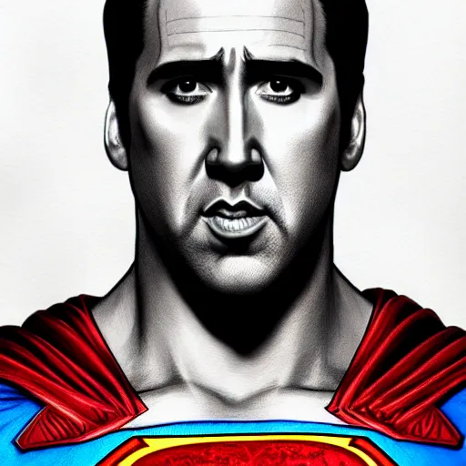 Image similar to upper body portrait of nicolas cage as superman, intricate, elegant, highly detailed, digital painting, artstation, concept art, smooth, sharp focus, illustration, art by artgerm and greg rutkowski and alphonse mucha, award winning, 8 k