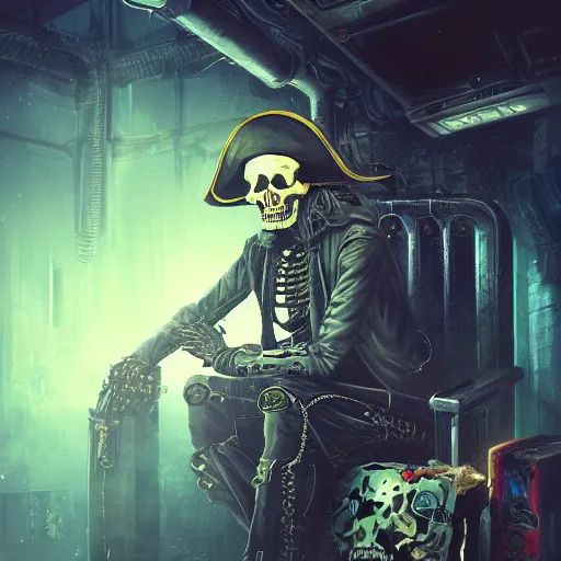 Image similar to a cyberpunk hacker pirate captain skeleton with a pirate hat sitting in front of a crt monitor programming in a dark room, light coming from crt monitor, highly detailed, intricate, digital art, trending on artstation, trending on cgsociety, by greg rutkowski