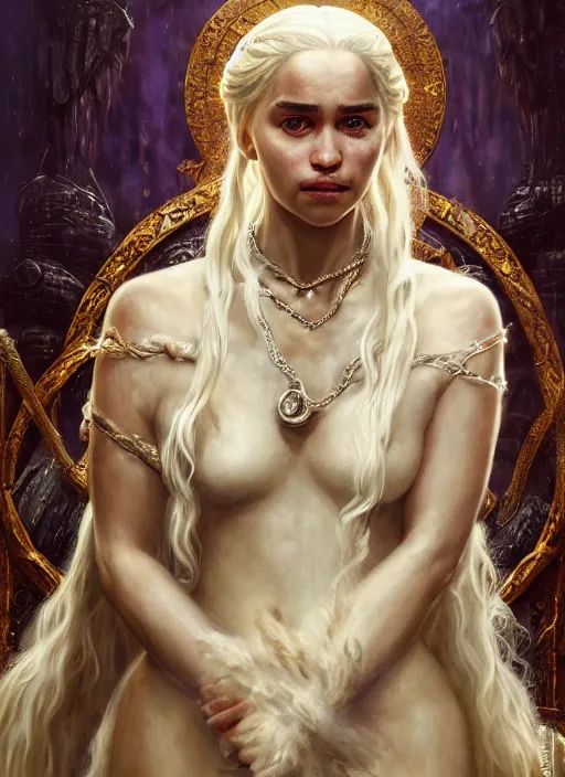 Prompt: cinematic portrait painting daenerys targaryen in fantastic dress aside dragon, royally decorated crystal gemstones incrustations, medium shot, clear symmetrical face enhancement, by lawrence alma - tadema, jaime jones, greg rutkowski, volumetric lights, deviantart contest winner, artstation, fantasy art, highly detailed, golden ratio, smooth, sharp focus