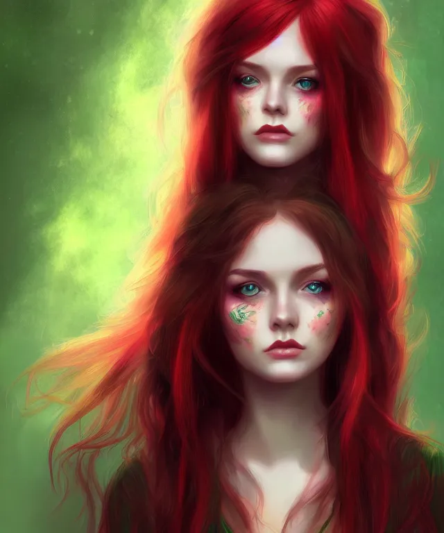 Image similar to Fae teenage girl, portrait, face, long red hair, green highlights, fantasy, intricate, elegant, highly detailed, digital painting, concept art, smooth