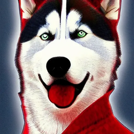 Image similar to a husky wearing a red shirt in the style of the red dead redemption 2 cover art