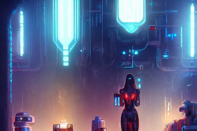 Image similar to hearth of the machine in cyberpunk style, cybernetic shrine, robot religion, realistic shaded lighting, magali villeneuve, artgerm, rutkowski