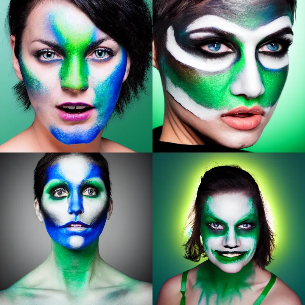 Prompt: realistic studio portrait of a woman with green and white face paint and short hair, the background is a blue to black gradient, top down spotlight lighting