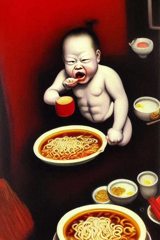 Image similar to evil and angry human giant baby eating a huge bowl of ramen in new york city, traditional chinese restaurant, hauntingly surreal, highly detailed painting by francis bacon, edward hopper, adrian ghenie, gerhard richter, and james jean soft light 4 k,