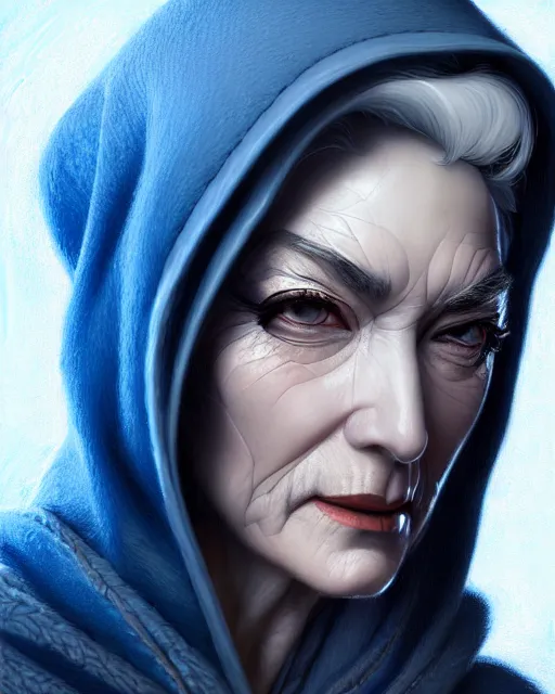 Prompt: ana from overwatch, older woman, gray hair, blue hooded cloak, character portrait, portrait, close up, highly detailed, intricate detail, amazing detail, sharp focus, vintage fantasy art, vintage sci - fi art, radiant light, caustics, by boris vallejo