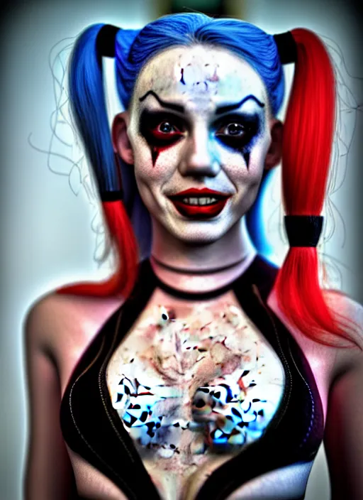 Image similar to photo of a gorgeous harley quinn in the style of derek riggs, realistic, sharp focus, 8 k high definition, insanely detailed, intricate