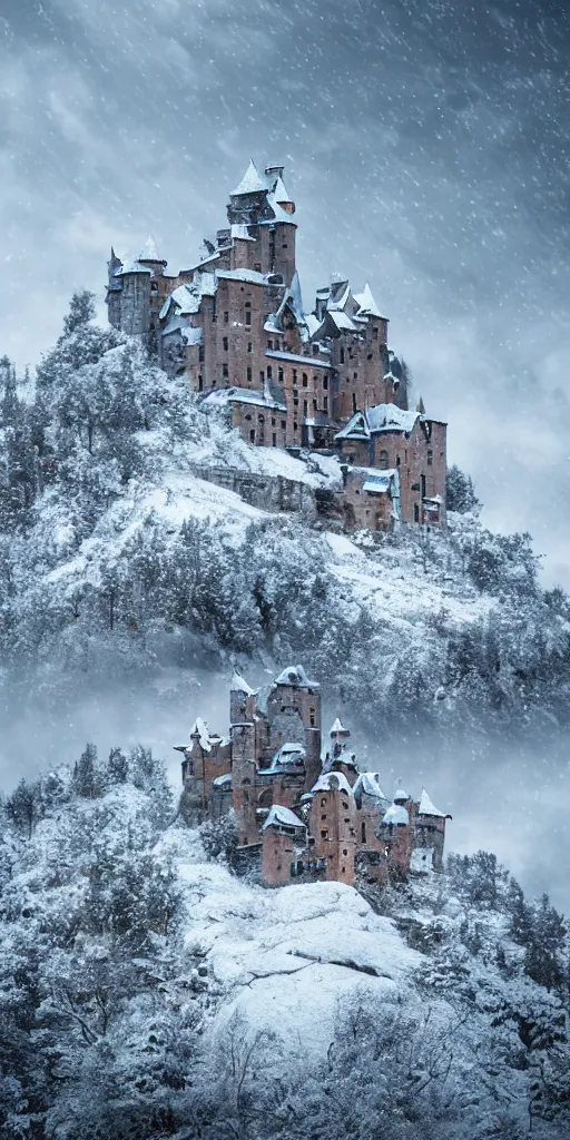 Prompt: a abandoned castle on the top of a snowy mountain, 8 k, shallow depth of field, intricate detail, concept art,