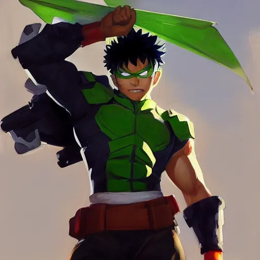 Image similar to greg manchess portrait painting of izuku midoriya as overwatch character, medium shot, asymmetrical, profile picture, organic painting, sunny day, matte painting, bold shapes, hard edges, street art, trending on artstation, by huang guangjian and gil elvgren and sachin teng