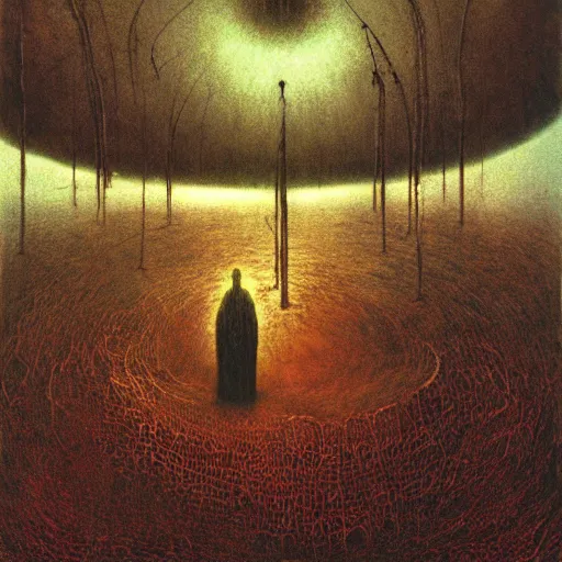 Prompt: the end beksinski, eldritch, apocalypse, creepy creature, horror spooky