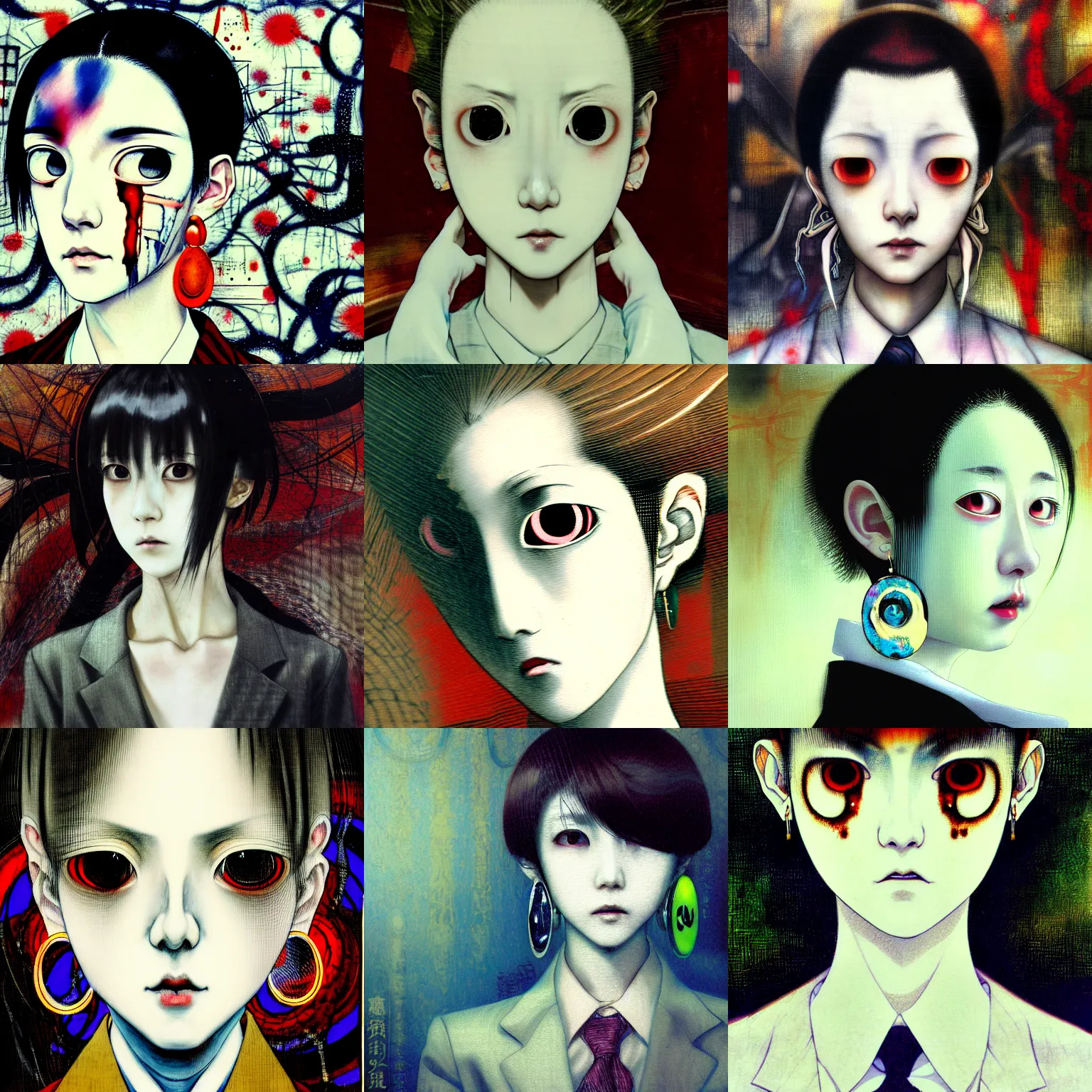 Prompt: yoshitaka amano blurred and dreamy realistic three quarter angle horror portrait of a sinister young woman with short hair, big earrings and white eyes wearing office suit with tie, junji ito abstract patterns in the background, satoshi kon anime, noisy film grain effect, highly detailed, renaissance oil painting, weird portrait angle, blurred lost edges