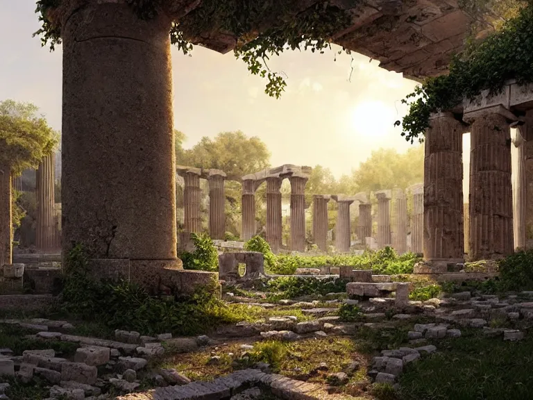 Prompt: tree growing in ancient greek ruins, gray wasteland, many scrap cars, plastic waste, rubble, pillars, flowers, vines, hyperrealistic, highly detailed, cinematic, single ray of golden sunlight, beautiful, cgssociety, artstation, 8 k, oil painting by greg rutkowski, by artgerm, by wlop