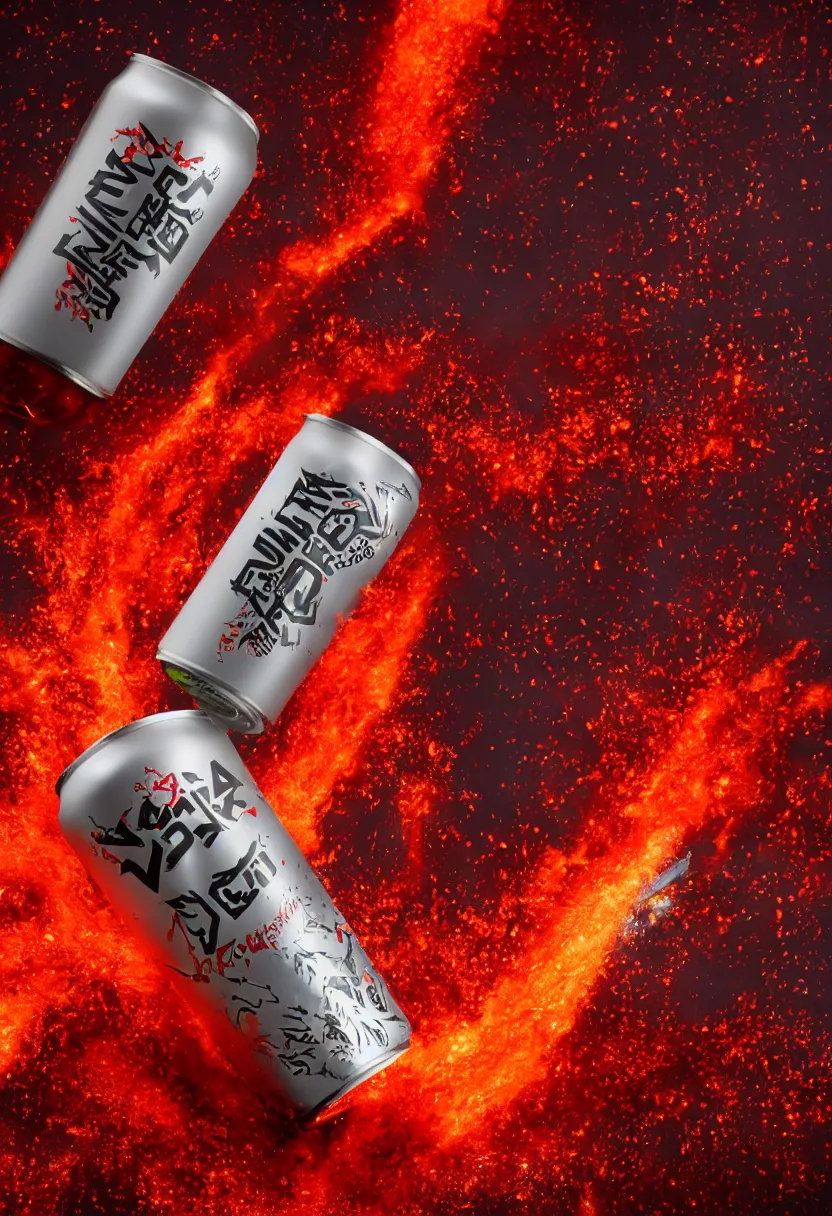 Prompt: one aluminium can of a dragon-flavored energy drink, professional studio photography, erupting volcano background, red lava sprinkles, packshot