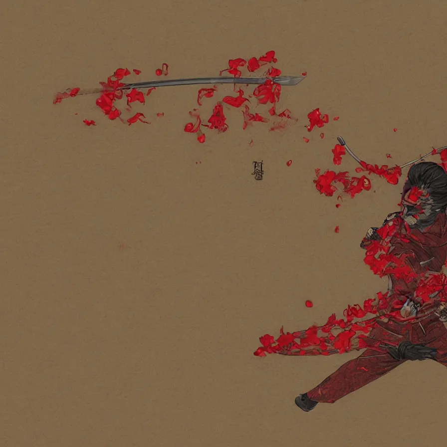 Image similar to a katana, human hands, red flower, rain, 4-dimensional stage, agony, pleasure