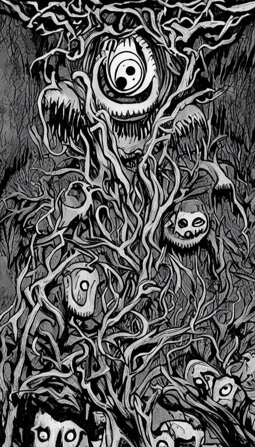 Image similar to a storm vortex made of many demonic eyes and teeth over a forest, from cryptid academia