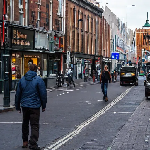 Prompt: brown bear walking down O'Connell street in Dublin, Ireland, hidden camera, photograph, 8k