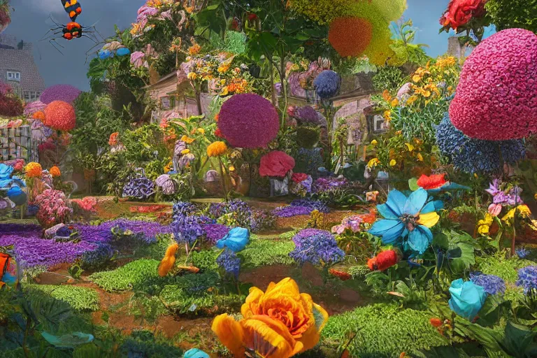 Image similar to super detailed color art, a lot of small garden flowers, A multiverse of insects and spiders, unreal engine, wes anderson color palette, 3d render, colorful, digital art