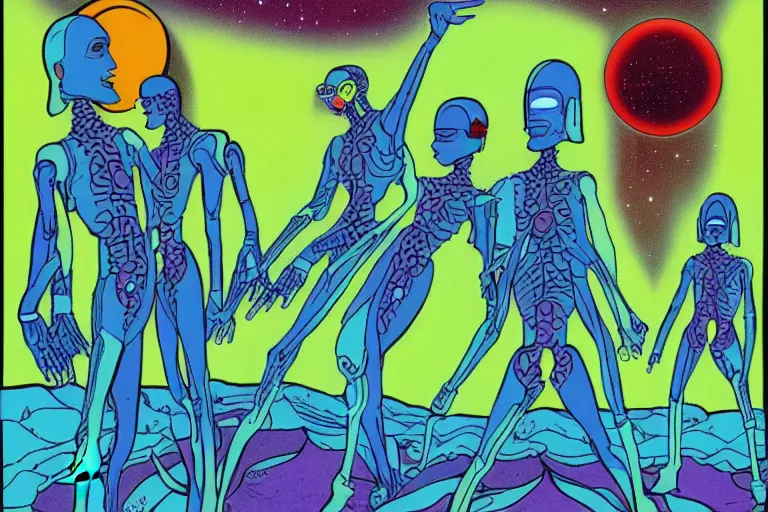 Image similar to a scifi illustration of a psychedelic cyborg flat colors, limited palette in FANTASTIC PLANET La planète sauvage animation by René Laloux