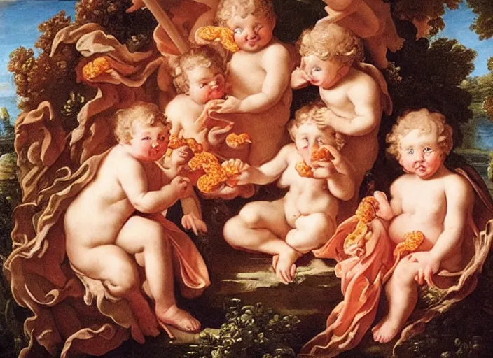 Image similar to cherubs eating cheeto's, extremely detailed, a baroque painting, rococo style