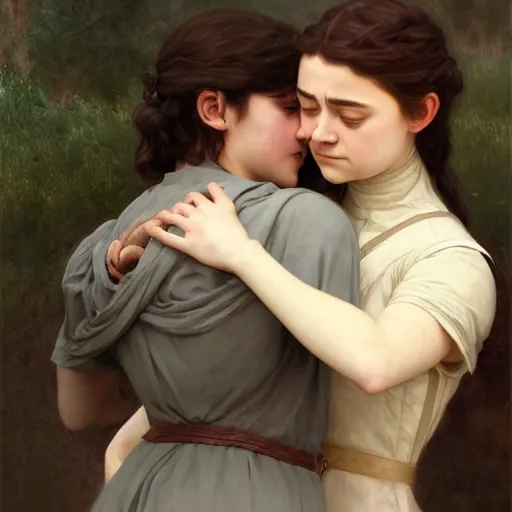 Prompt: Portrait of arya stark hugging maisie williams, elegant, digital painting, highly detailed, fantasy, artstation, concept art, smooth, sharp focus, illustration, art by William-Adolphe Bouguereau and artgerm and greg rutkowski and alphonse mucha